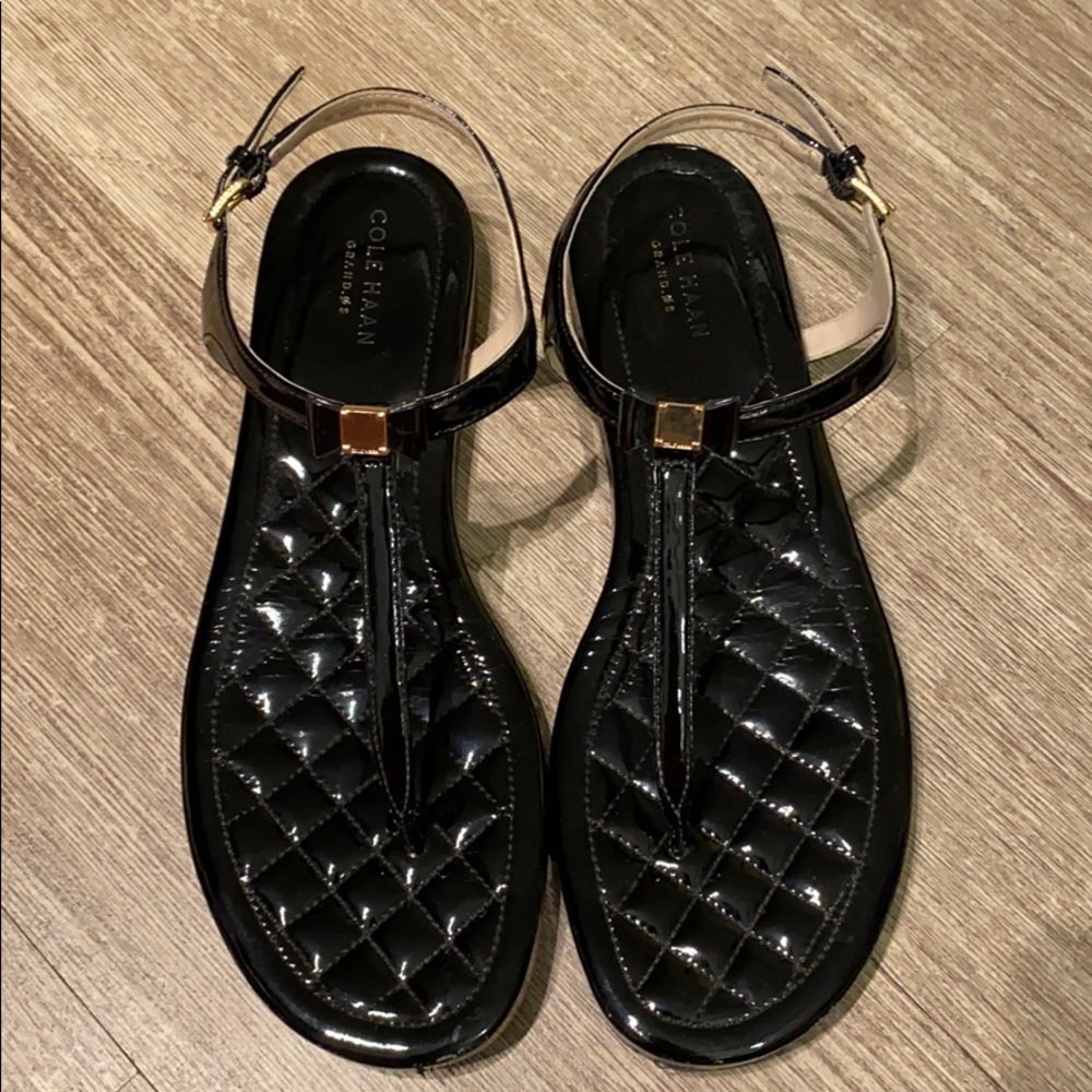 Cole Haan T-strap sandals. Patent Black. Size 8.